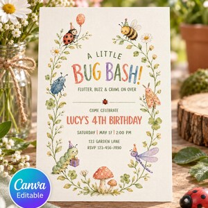May include: A rectangular birthday invitation card featuring watercolor illustrations of insects wearing party hats, including a ladybug, bee, caterpillar, and dragonfly, surrounded by a floral vine border with mushrooms and the text A LITTLE BUG BASH.
