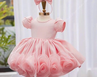 Pink Princess Party Dress: 3D Rose Hem, Pearl Neckline, Bow Headband