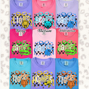Comfort Colors Custom Mascot Checkered Ribbon Spirit Shirt, School Spirit Game Day Shirt, School Spirit Shirt, Sports Team Mascot  Shirt