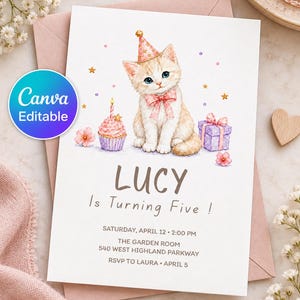Puede incluir: Una tarjeta de invitación de cumpleaños con una ilustración en acuarela de un gatito con un gorro de fiesta y lazo rosa, un cupcake y un regalo. El texto dice: LUCY Is Turning Five! SATURDAY, APRIL 12, 2:00 PM, THE GARDEN ROOM, 540 WEST HIGHLAND PARKWAY, RSVP TO LAURA, APRIL 5.