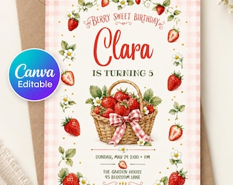 Strawberry Birthday Invitation, Berry Sweet Birthday Invite, Strawberry Party, Editable Canva Girl Birthday Printable Invitation
