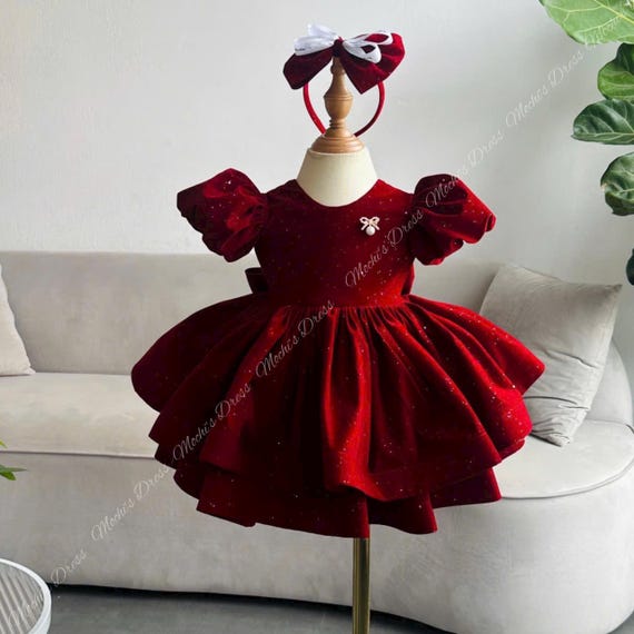 red velvet infant dress Short Sleeve Toddler & Little Girl Introducing the Crushed Velvet Bow Dress in a rich red Red Velvet Heart Back Baby