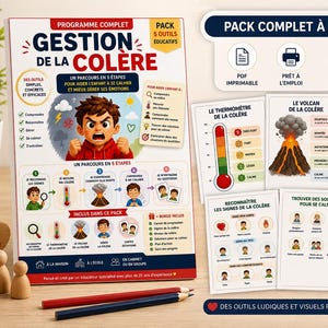 Puede incluir: Un programa completo para el manejo de la ira, con un cuaderno de trabajo y herramientas educativas. La portada muestra a un niño expresando ira. Incluye tarjetas, lápices y figuras de madera. El texto dice "Gestion de la Colère".