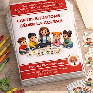 May include: A stack of educational printable cards titled "CARTES SITUATIONS: GÉRER LA COLÈRE" with illustrations of children and adults. The cards are designed for children, families, and professionals. The text "Printable PDF - 13 pages" is also visible.