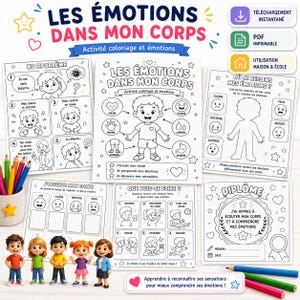 Peut inclure: Un ensemble de fiches d'activités imprimables en noir et blanc intitulées Les Émotions Dans Mon Corps avec des illustrations d'enfants, des tableaux d'émotions et un diplôme. Inclut des crayons de couleur dans un pot étoilé et cinq figurines.