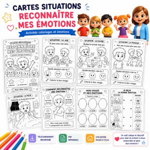 May include: A set of printable activity sheets titled Cartes Situations Reconnaître Mes Émotions featuring black and white line drawings of children in various scenarios, emotion identification exercises, and colouring tasks with a colourful header.