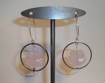 Rose Quartz gemstone, PINK flower hoops, dangle earrings