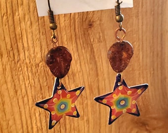 STAR Earrings with Fossil Czech Glasd Beads on bronze ear wires