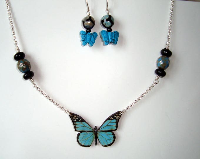 Butterfly Necklace and Earrings Set in Turquoise and Silver, Layer With