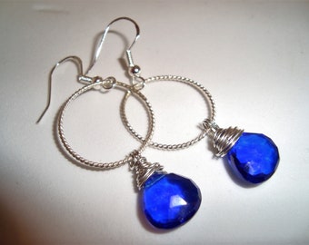 Sapphire Briolettes and Sterling Silver Earrings, Sterling Silver Ear Wires, Heart Shaped Amethyst Gemstones, Twisted Sterling Hoops