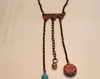 Copper Necklace with Freeform Pendant with chains and beads