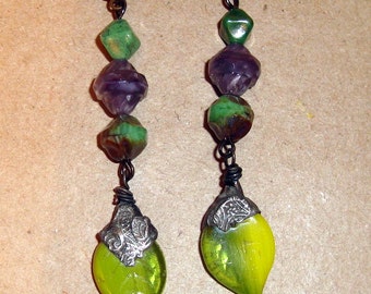 Green Tinned Leaf Earrings, Green and Purple Czech Beads, Bronze Lever Backs