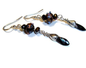 Black and Silver Earrings, Tined Dangles  in Black, Lampwork Beads, Beautiful Black Design