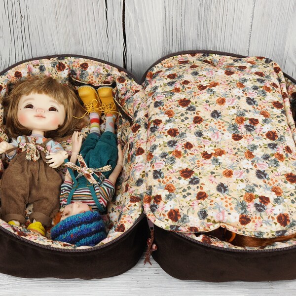 Sac de voyage longueur 32 cm housse de protection pour quatre poupées Blythe Tytus fait main 1/6 Bjd velours marron fleurs