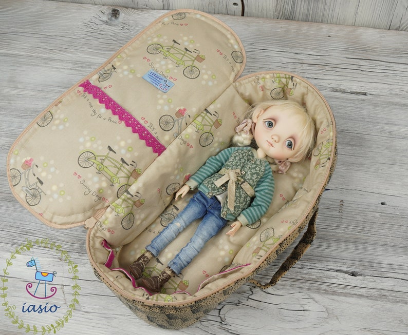 Travel Bag Sleeping Length 36cm Protective For Small Stella Connie Lowe Paola Doll Case Handmade Velvet Beige Bicycles Bikes image 3