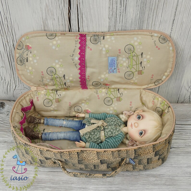 Travel Bag Sleeping Length 36cm Protective For Small Stella Connie Lowe Paola Doll Case Handmade Velvet Beige Bicycles Bikes image 6