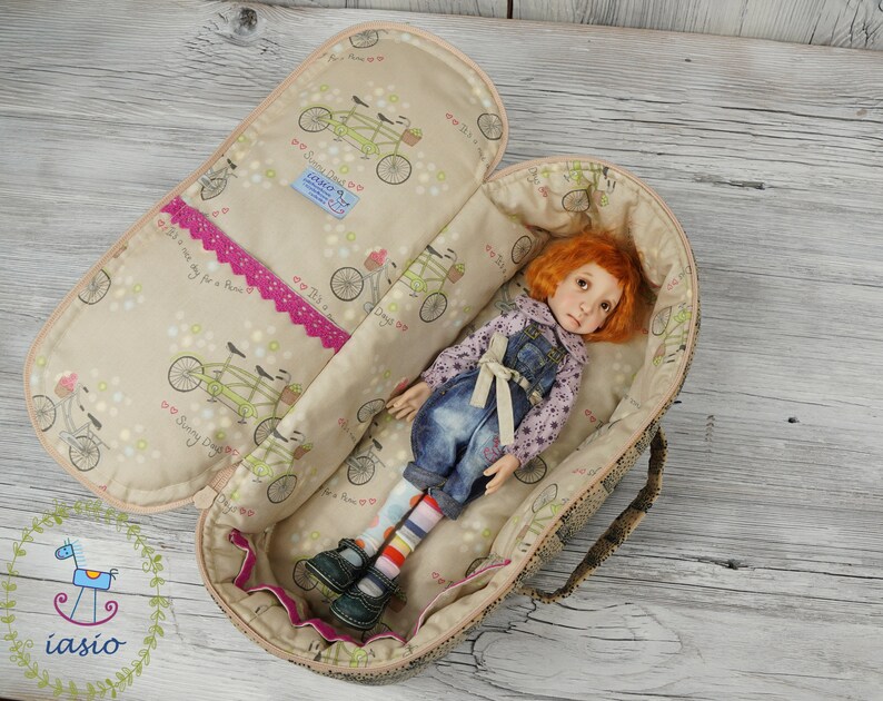 Travel Bag Sleeping Length 36cm Protective For Small Stella Connie Lowe Paola Doll Case Handmade Velvet Beige Bicycles Bikes image 2