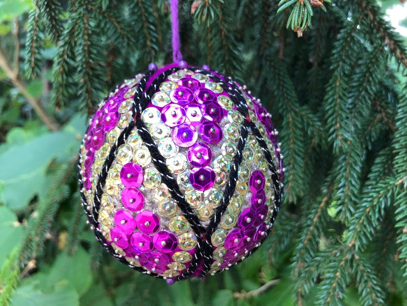 Small Christmas Tree Ball Ornament Decorated With Sequins Gift Etsy