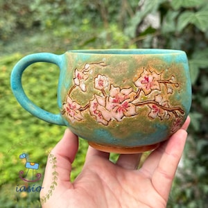 Sakura Crazy Keramik Sgraffito Mugg Skulptur Konst Keramik Handgjord Turkos Rosa