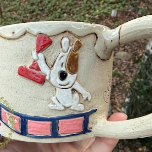 Crazy Ceramic Sgraffito Cup Mug With Reksio Sculpture Art Pottery Handmade Colorful