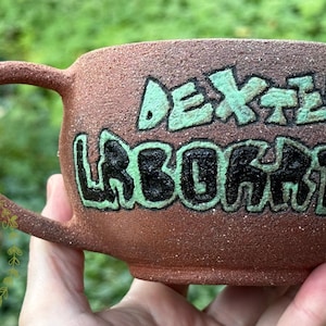 May include: A brown, textured ceramic mug with a rounded handle. The exterior features the text "DEXTER'S LABORATORY" carved and painted in light green with black outlines. The surface has a speckled, earthy appearance with a matte finish.
