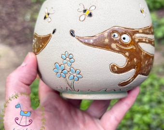 Crazy Ceramic Sgraffito Cup Mug Dachshund Sculpture Art Pottery Handmade Turquoise Pink Violet
