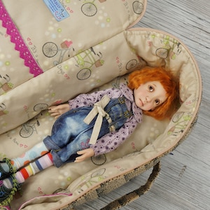 Travel Bag Sleeping Length 36cm Protective For Small Stella Connie Lowe Paola Doll Case Handmade Velvet Beige Bicycles Bikes image 1
