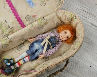 Travel Bag Sleeping Length 36cm Protective For Small Stella Connie Lowe Paola Doll Case Handmade Velvet Beige Bicycles Bikes