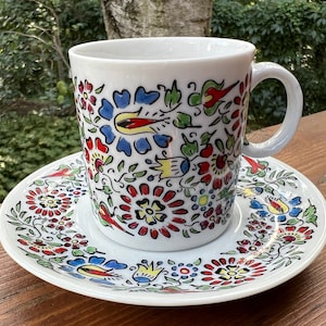 Cepelia Opole Hand Painted Tea Cup And Saucer Vintage Porcelain Made In Poland Year 1975 Flowers Colorful