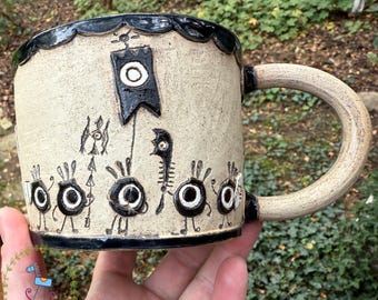 Crazy Ceramic Sgraffito Cup Mug PATAPON Sculpture Art Pottery Handmade Colorful