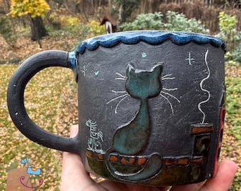 Crazy Ceramic Sgraffito Cup Mug Cat Cats Night Sculpture Art Pottery Handmade Dark