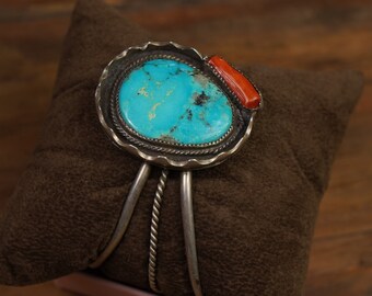 GARAGE SALE: Vintage Turquoise Coral Bracelet Sterling Silver Zuni Native American Handmade Navajo Cuff Bracelet Bangle