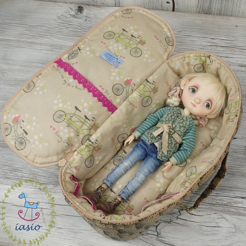 Travel Bag Sleeping Length 36cm Protective For Small Stella Connie Lowe Paola Doll Case Handmade Velvet Beige Bicycles Bikes image 4