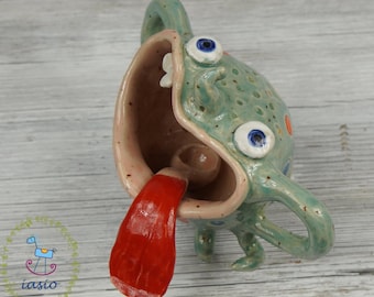 Ceramic Sugar Bowl Sculpture Art Pottery Handmade Crazy Colorful