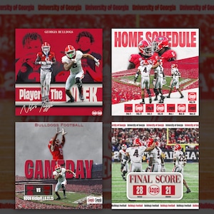 May include: Four red and white graphics promoting Georgia Bulldogs football. One graphic reads "Player of the Week" with a player image. Another shows the "Home Schedule". The third says "Gameday" and the fourth shows the final score.