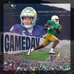 May include: A digital graphic for a football game, featuring two players in gold helmets and green and gold uniforms. The word "GAMEDAY" is prominently displayed. Text reads "NOON KICKOFF | 9/21 | VS. OHIO STATE".