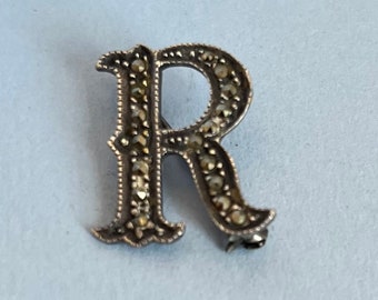 Vintage R initial brooch sterling silver and marcasite