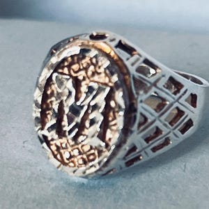 Anillo vintage con monograma inicial M en plata de ley bañado en oro, talla 6