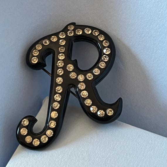 Vintage R initial rhinestone statement brooch - image 5
