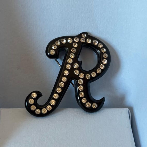 Vintage R initial rhinestone statement brooch - image 8