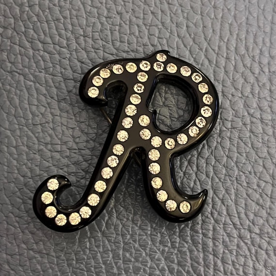 Vintage R initial rhinestone statement brooch - image 1