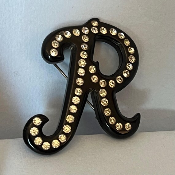 Vintage R initial rhinestone statement brooch - image 3