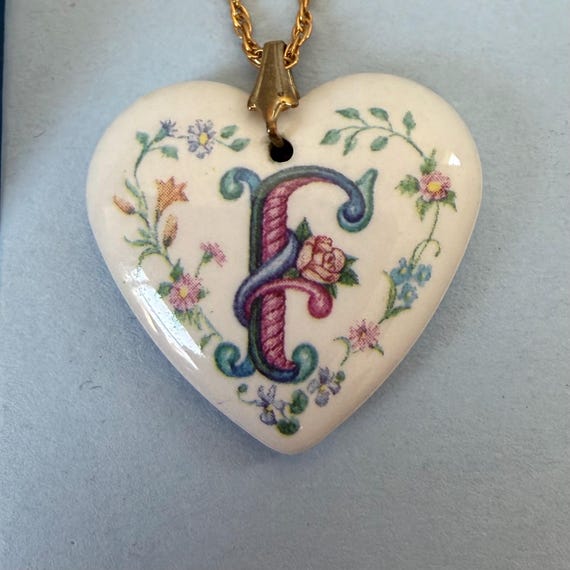 Vintage heart-shaped ceramic initial F pendant