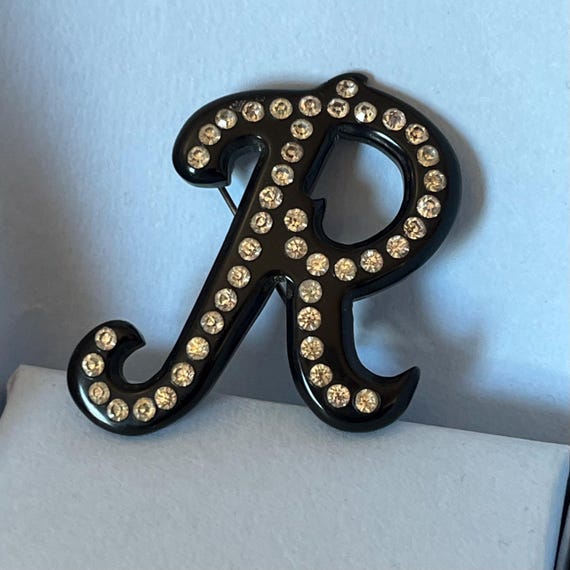 Vintage R initial rhinestone statement brooch - image 2