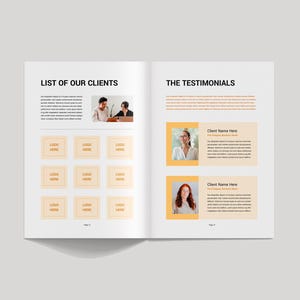 Op de afbeelding: Een open boek met twee pagina's. De linkerpagina heeft de titel "LIJST VAN ONZE KLANTEN" en bevat tekst, afbeeldingen en logo-plaatsaanduidingen. De rechterpagina, getiteld "DE GETUIGENISSEN", toont foto's van klanten en tekstvakken. De achtergrond is lichtgrijs.