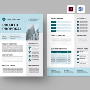 May include: A project proposal template with a blue and white colour scheme. The template includes sections for project description, scope of work, objective/goals, the process, resources list, project timeline, deliverables, terms & conditions, quotation breakdown, payment info, and approval form.