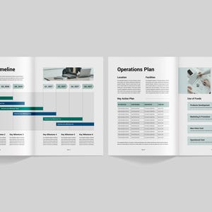 May include: A two-page business plan document with a timeline, operations plan, and funding request. The timeline shows key milestones and deadlines. The operations plan includes a table with key action plan details. The funding request outlines the use of funds for product development, marketing, and operational costs.