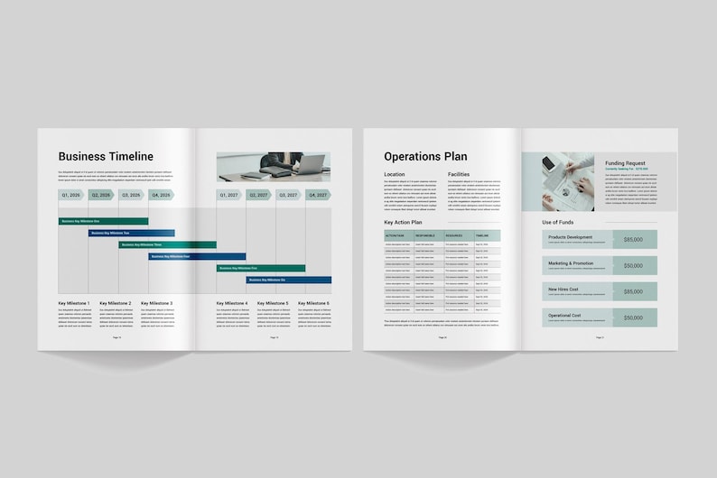 May include: A two-page business plan document with a timeline, operations plan, and funding request. The timeline shows key milestones and deadlines. The operations plan includes a table with key action plan details. The funding request outlines the use of funds for product development, marketing, and operational costs.