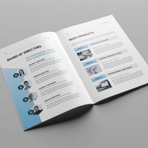 May include: Open book with the titles "Board of Directors" and "Main Products" on a grey surface. The left page features headshots of directors and the right page lists products with images. The design incorporates blue accents.