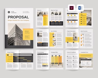Könnte beinhalten: Eine schwarz-weiße Proposal-Vorlage mit gelben Akzenten. Die Titelseite zeigt ein Foto eines modernen Gebäudes. Die Vorlage enthält Abschnitte für Über uns, Unser Team, Fallstudie, Unser Portfolio, Projektbeschreibung, Arbeitsprozess, Projektzeitplan, Preisberechnung, Paketangebote, Geschäftsbedingungen und ausgefüllte Formulare.